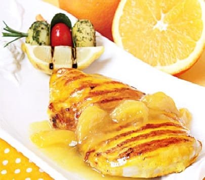 Chicken steak Saffron with orange sauce and mango Recipe,Chicken steak Saffron,Chicken steak,Chicken,orange,orange sauce,mango,Chicken breast with saffron