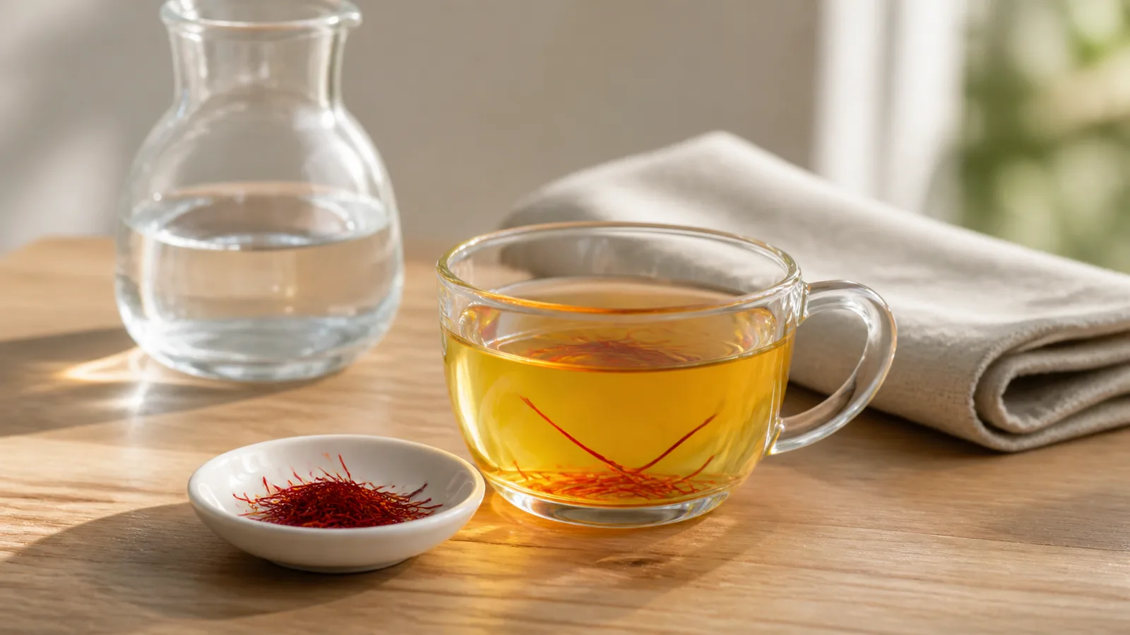 A small culinary serving of saffron beside a warm saffron infusion