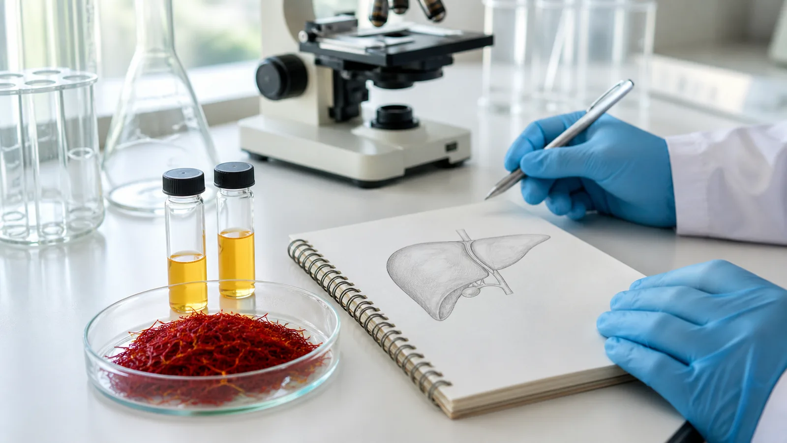 Saffron threads and crocin research samples beside a liver study notebook